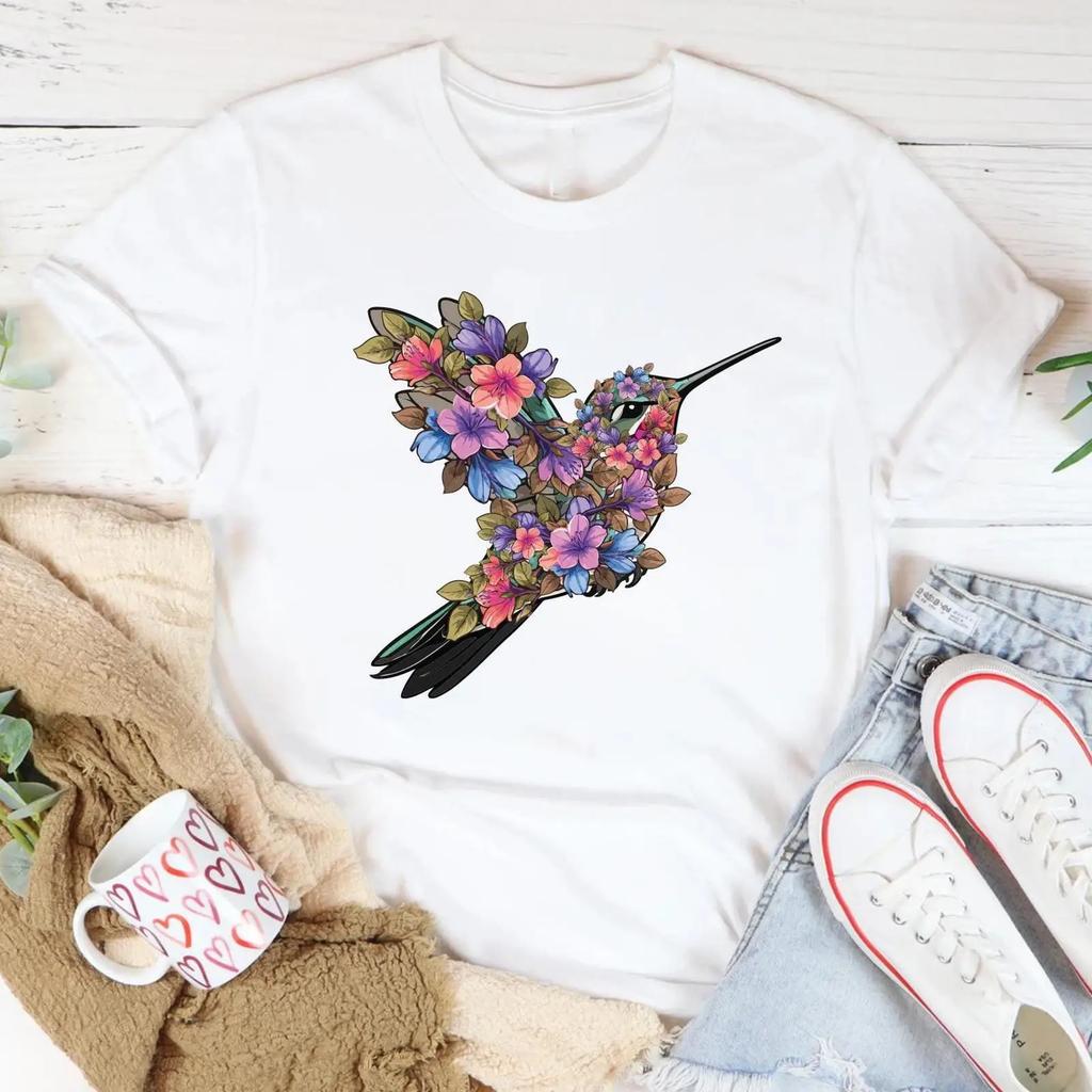 Boho Floral Hummingbird T Shirt Nature Bird Lover Wild Flower Animal Casual Vintage Stretched Homme Slightly