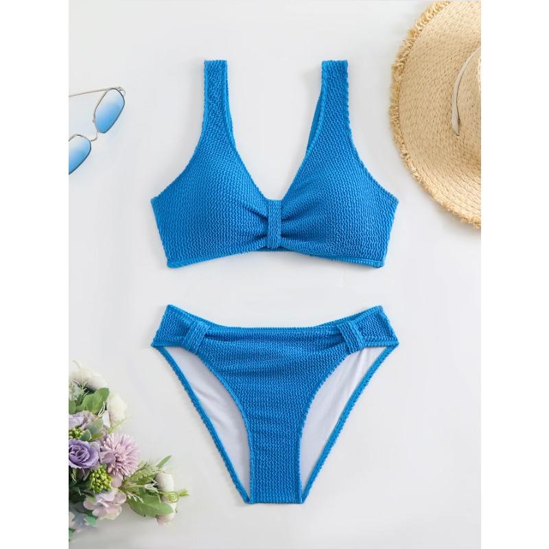 Summer New Women's 2 Piece Swimsuit Solid Color High Waist Bikini Set V-neck Backless Beach Vacation Bathing Suit Swimwear