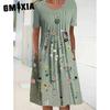 GMXIA 30 Color Pleated Midi Dress Short Sleeve Round Neck Loose Hem Mid-Calf Length Women Floral A-Line Party Dress Casual Wear