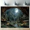 Cave Rock Waterfall Moon Landscape Tapestry Polyester Fiber Wall Hanging for Bedroom Living Room Party Decoration