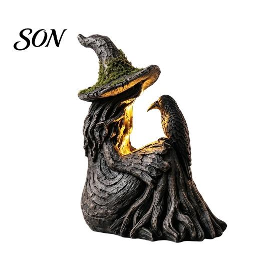 Creative Housewarming Gifts Luminous Witch & Raven Figurine with Mossy Tree Texture, Resin Gothic Dark Aesthetic Room Accessories Statue LED Light for