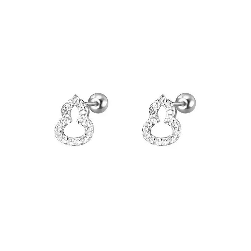 S999 Sterling Silver Chinese-Style Hollow Gourd Stud Earrings with Rhinestones for Women - Luxurious Feel, High-End Design