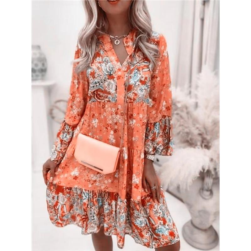 Women's Fashion Spring Fall Flower Pattern Print Long Sleeve Stand-collar Loose Waistline Casual Dresses