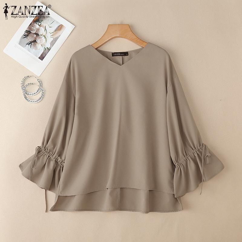 ZANZEA Women Casual V-neck Solid Color 3/4 Loose Blouse