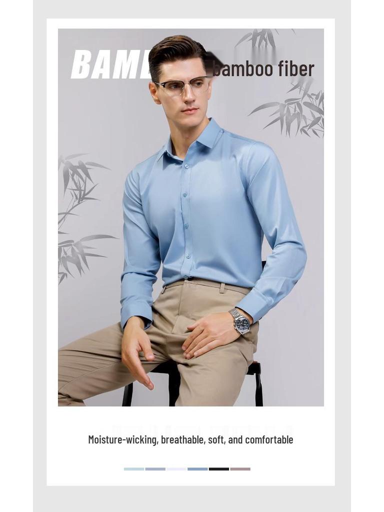 Bamboo Fiber Iron-Free Long Sleeve Korean Style Casual Men's Shirt