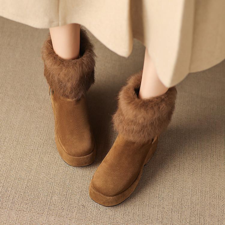 Rabbit fur cotton shoes autumn and winter new women's short boots 2025 fashion round head velvet warm waterproof table slope high heel