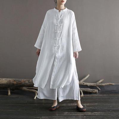 Abito Cardigan Donna Xi Mo Retro in Lino con Collo Rialzato