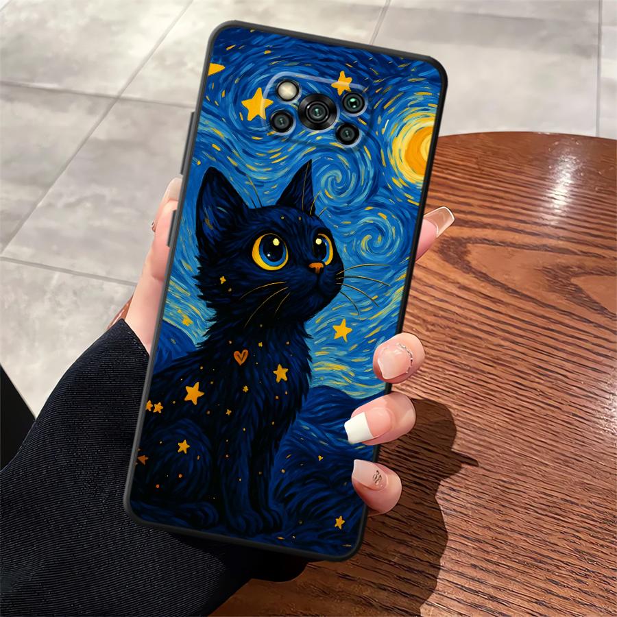 Drehende Sternenhimmel Katze Funda Handyhülle für Xiaomi Poco F8 C75 F1 C71 C50 M5 C61 X3 X4 X5 X7 Pro M3 M4 M7 F3