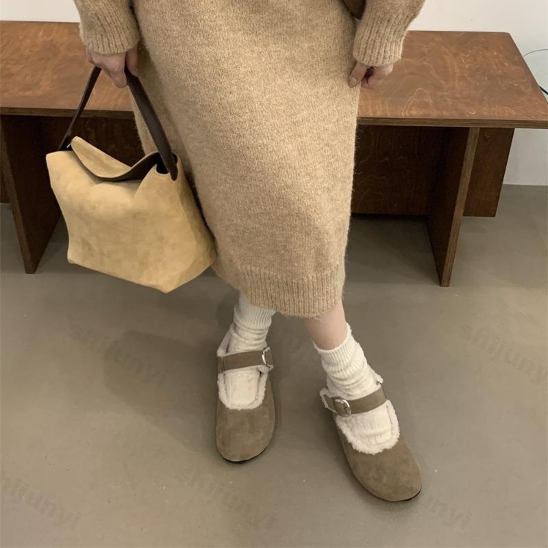 Fashion Retro Plush Casual Shallow Mouth Flat Mary Jane for Women 2025 Autumn New Warm Comfortable Versatile Fashion Cotton Single Shoes