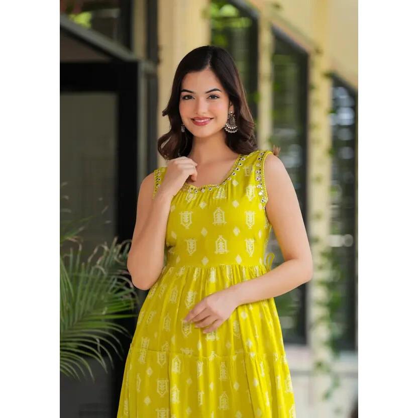 Rochie de designer pentru femei, din bumbac, cu imprimeu Anarkali, cu imprimeu Bollywood și raion, evazată, Kurta, SC-2144