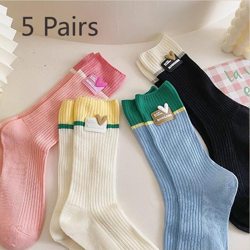 5 Pairs of New Female Spring and Summer Sweat Absorbing Color Collage Style Long Tube Stack Socks