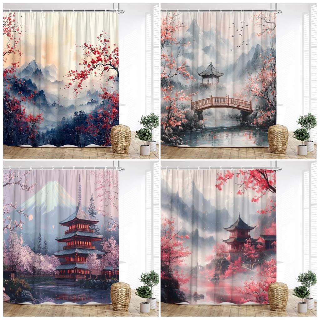 Japanese Style Landscape Shower Curtain Ink Mountain Cherry Blossom Pavilion Lake Asian Art Bath Curtains Home Bathroom Decor