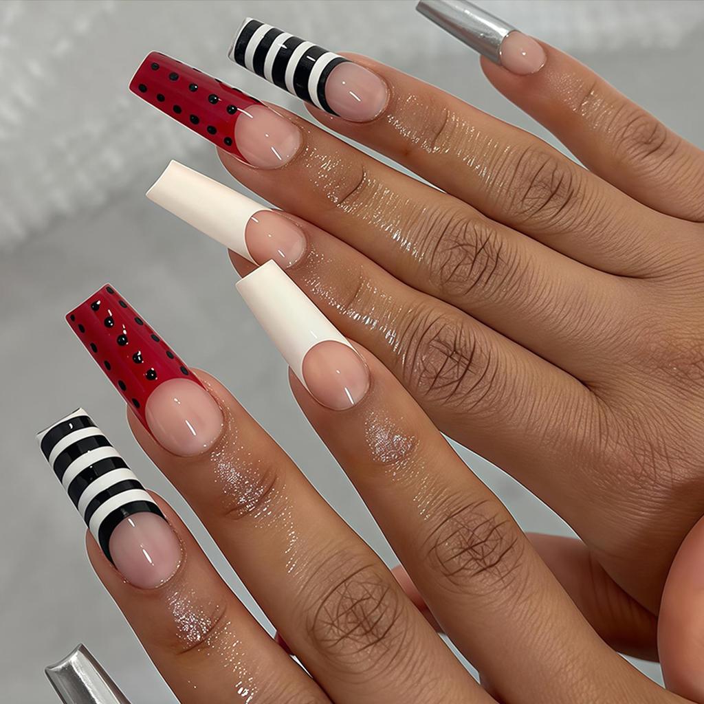 European & American Black and White Stripe Polka Dot False Nails