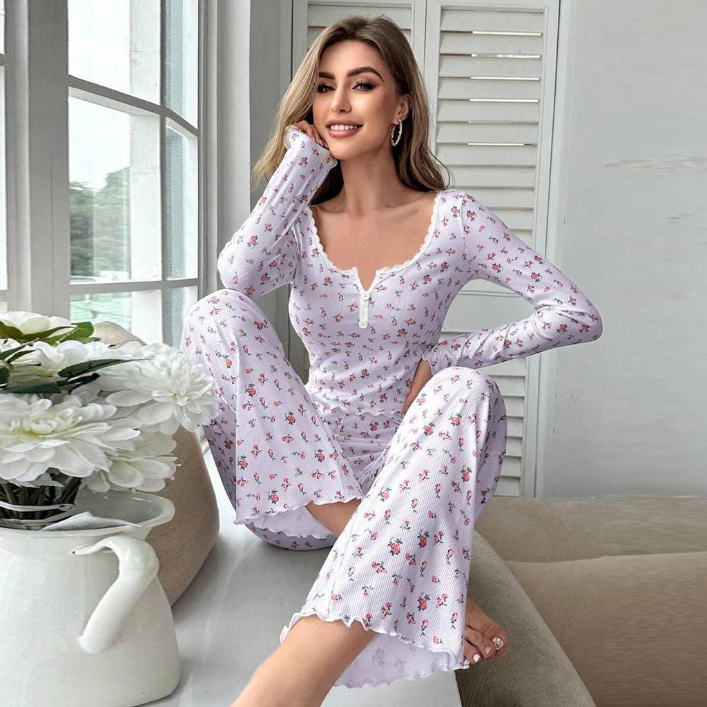 Women's Floral Print Long-Sleeve Pajamas Set with Rolled Edge