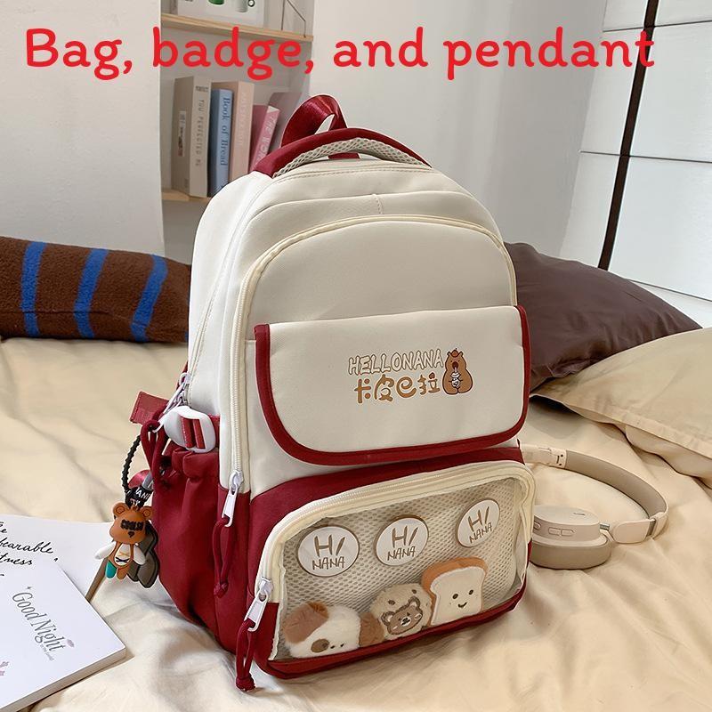 Capybara Color Blocked Letter Print Student Backpack With Pendant Badge And