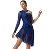 Womens Figure Skating Costume Rhinestone Mesh Long Sleeve Chest Pleats Irregular Hem Bodysuit Dress