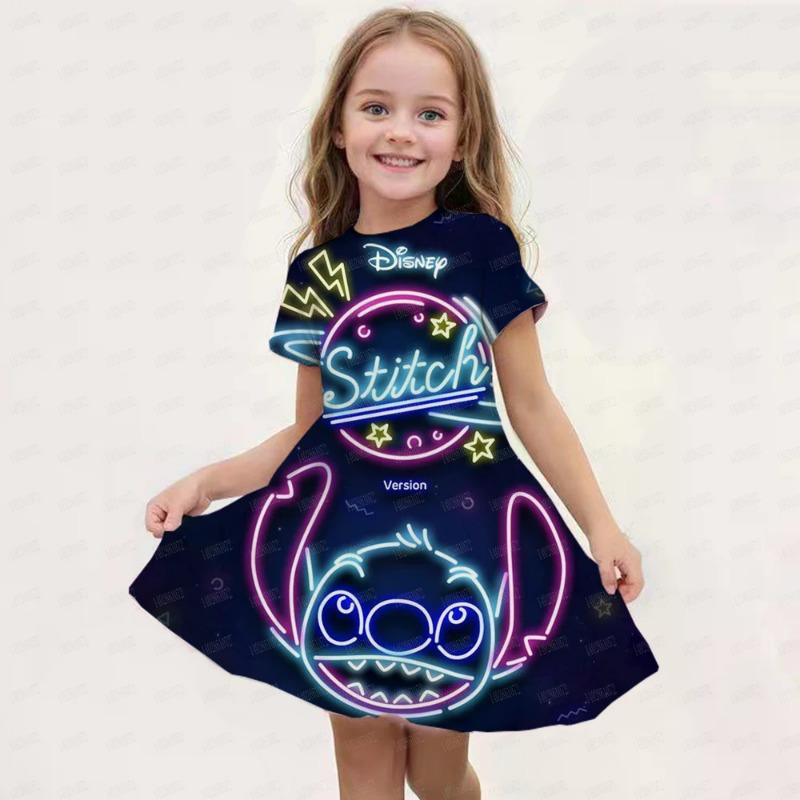 Disney Stitch Print Children's Dress, Birthday Party Girl Princess Summer Casual Soft Cute Costume Top, Hot Sale