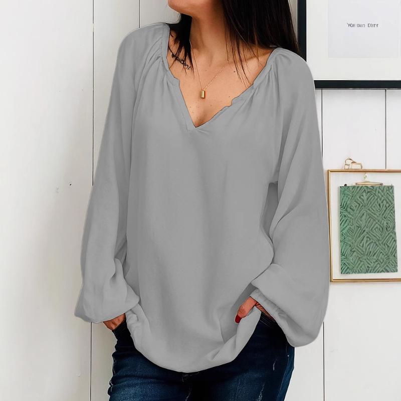 

Новая женская повседневная футболка с длинным рукавом и V-образным вырезом, однотонная, многоцветная, женские топы S серый
