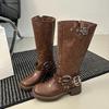 Kitten Heel Single Boots Women's Autumn New Square Toe Rivet Metal Buckle Anti-slip Wear-resistant Block Heel Mid-leg Boots