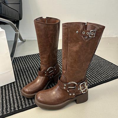 Kitten Heel Einzelstiefel Damen Herbst Neu Eckige Zehe Nieten Metallschnalle Rutschfest Abriebfest Blockabsatz Mid-Calf Stiefel