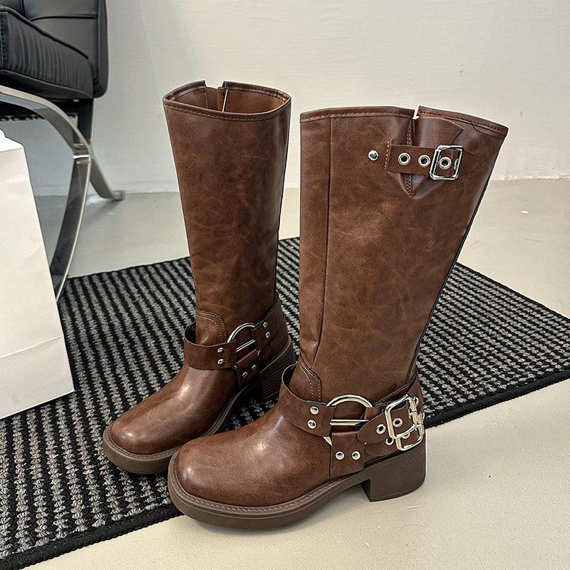 Kitten Heel Single Boots Women's Autumn New Square Toe Rivet Metal Buckle Anti-slip Wear-resistant Block Heel Mid-leg Boots