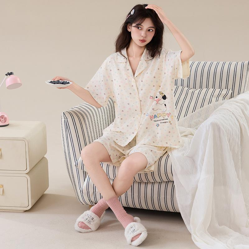 1A antibacterial pure cotton pajamas women's summer with chest pads, short sleeves, plus size 50kg girls' loungewear three-piece set