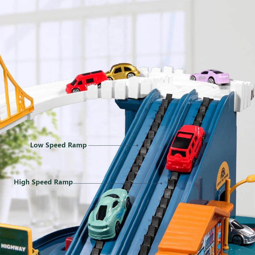 Electric Car Track Toy Train Children Parking Tower Miniature Cars Models Indoor Games Child Vehicle Toys for Kids Boys Baby