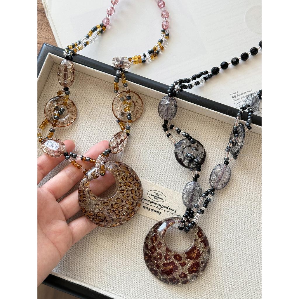 Plastic Glass Leopard Print Round Pendant Necklace Niche Ethnic Style Temperament Collarbone Chain Fashion Personality Versatile Jewelry