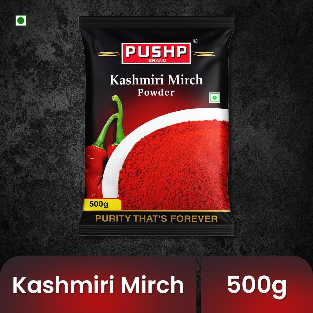 Pushp Brand Kashmiri Red Chilli Powder (Pouch Pack of 1, 500gm)