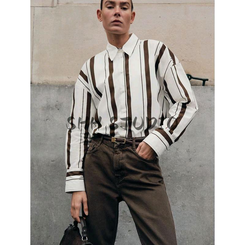Spring New Women's Clothing Lapel Long Sleeves Loose Poplin Stripes Shirt 2262115 2262116