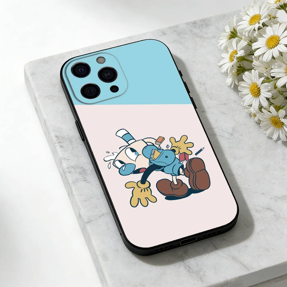 Cute CupHead And MugMan Phone Case For iPhone 17,16,15,14,13,12,11 Plus,Pro Max,SE4Soft Silicone Black Cover