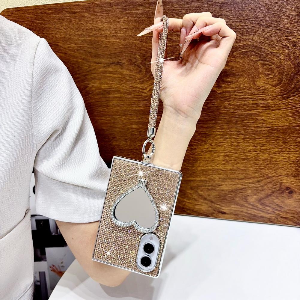 Shiny Rhinestone Heart Mirror Stand Phone Case For Samsung Z Fold 8 Fold8 Ultra Galaxy Z Fold 7 6 5 Plated Frame Glitter Cover