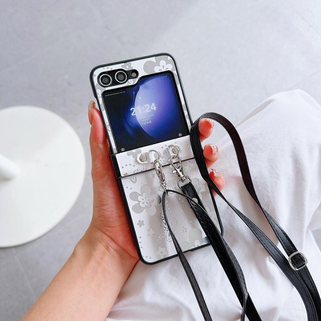 For Samsung Galaxy Z Flip7 FE 5G/Z Flip6 5G Butterfly and Flower Pattern PU Leather Coated PC Phone Cover with Crossbody Strap