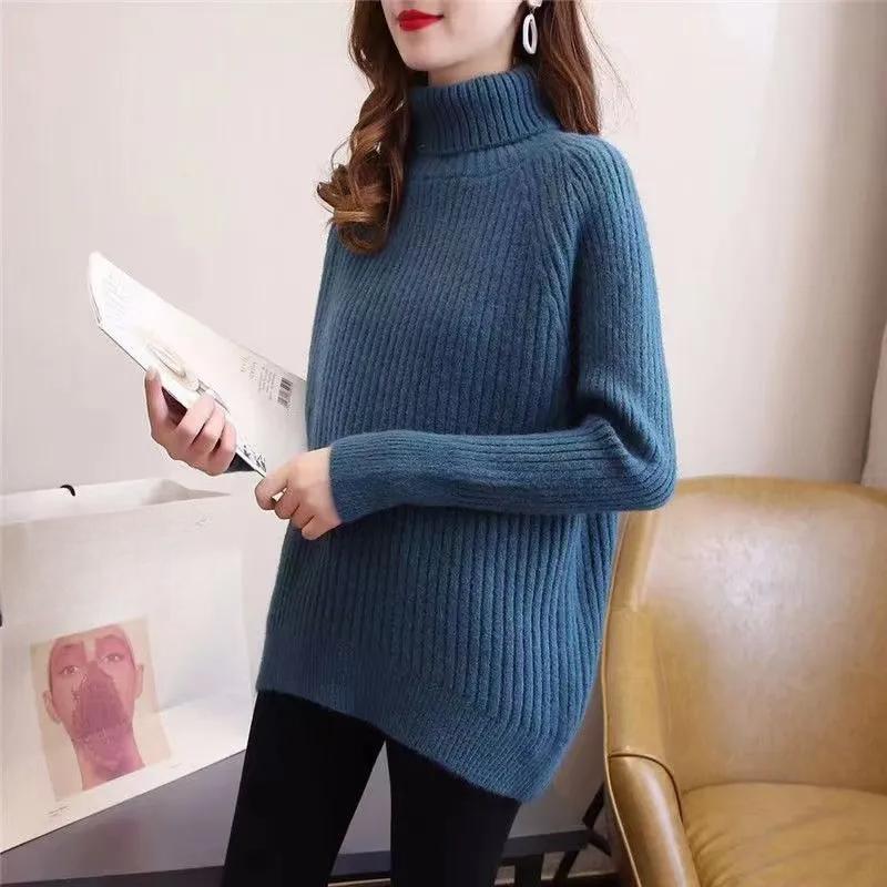 Women's Sweater High Neck Knitted Top Autumn Casual Women Sweaters Solid Loose Warm Knitwears