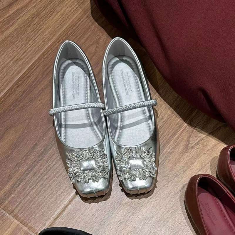 Elingstudio Miao ballet shoes! Square head rhinestone soft leather single shoes women's spring and summer new flats