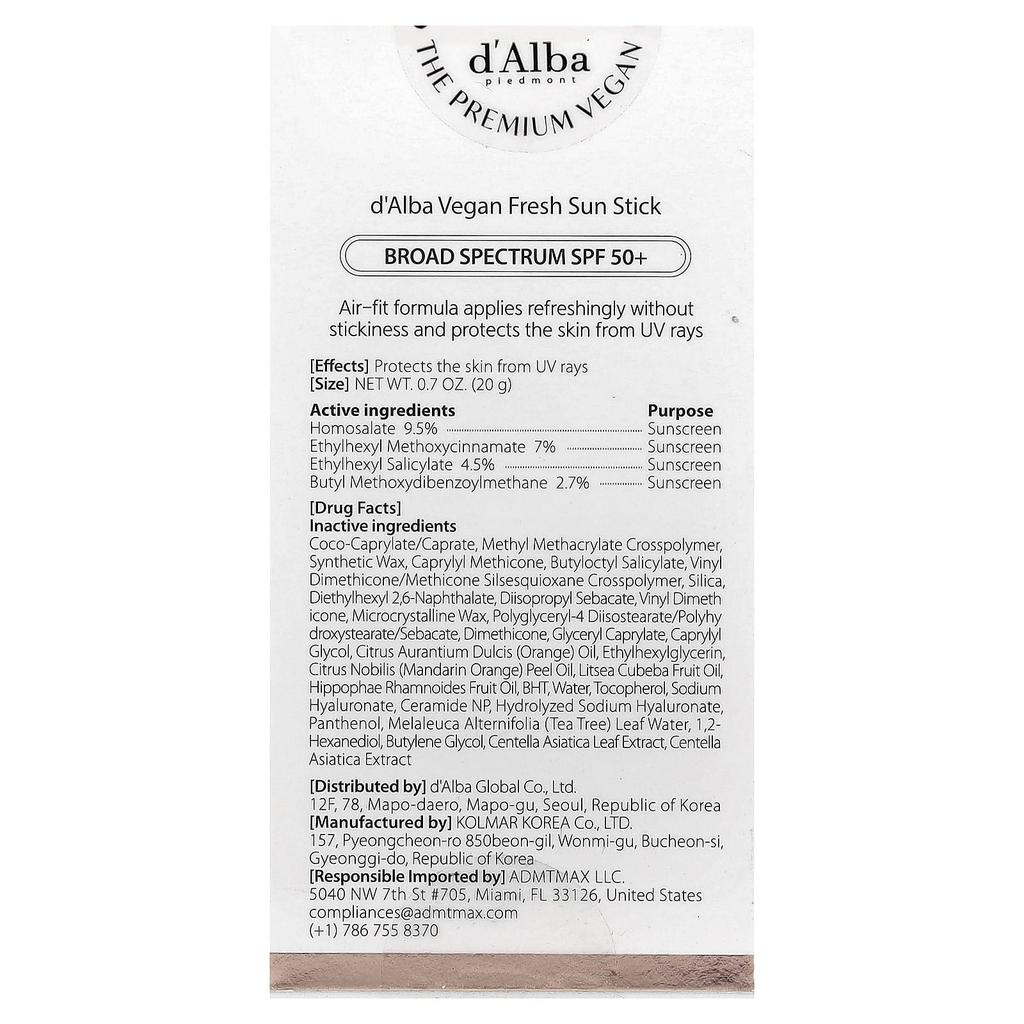 D'Alba, Vegan Fresh Sun Stick, Spf 50+, 20G(0.7Oz)