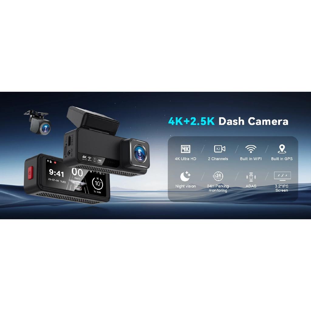 Kocam Dash Cam 4K 3.2 Inch Mini Car Dvr Dual Lens With GPS WIFI ADAS 24h Parking 2.5K Rear View Camera Night Vision Black Box