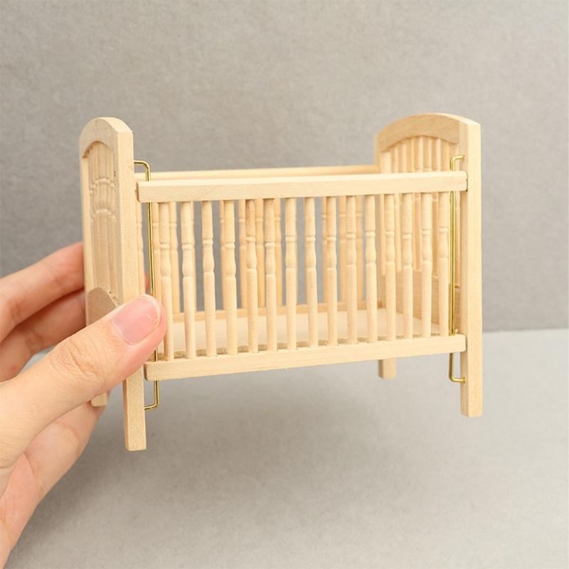 Realistic Baby Dollhouses Miniature Furniture 4.5inch Wooden Cradle Bed For 1/12 Scale Dollhouses Scene Decoration