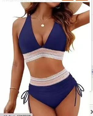 Women's Swimsuit Solid Color Stitching Sexy High Waist Drawstring Tie Split Swimsuit Bikini Suit Beach Wear