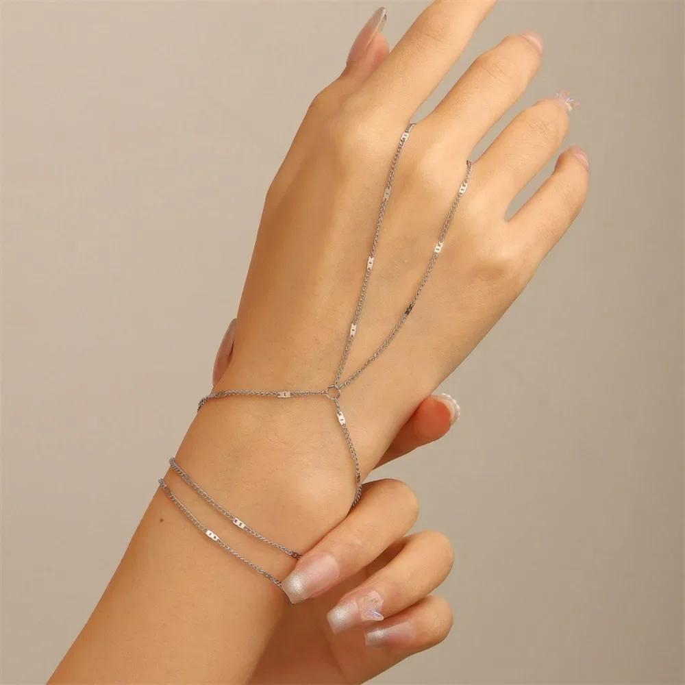 Gold/Silver Finger Bracelets Shiny Rhinestones Delicate Thin Chain Ring Bracelets Handmade Multilayer Vintage