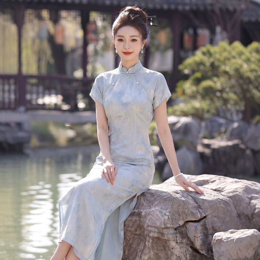 Blue retro jacquard cheongsam 1011 new spring and summer improved new Chinese high-end sense daily wear dress women