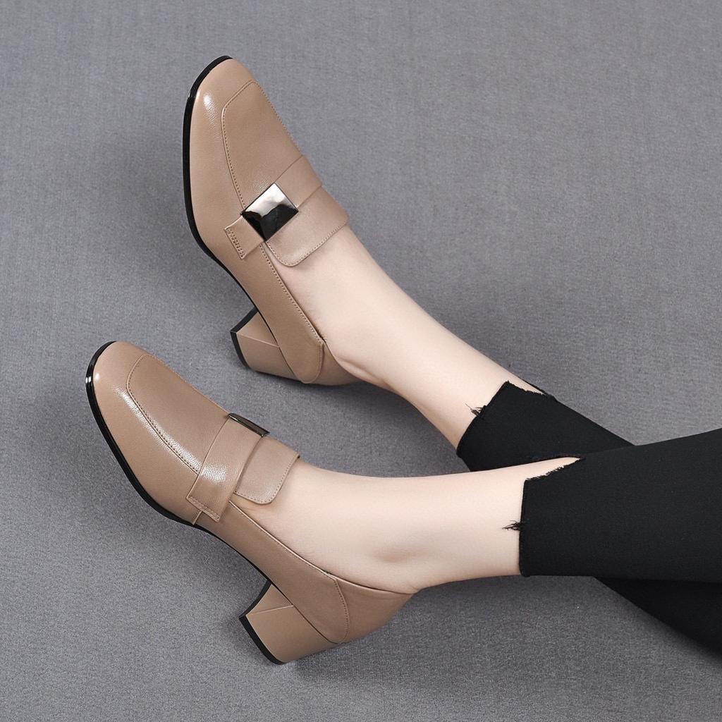 Temperament square head spring new simple thick heel square buckle first layer cowhide two wear deep mouth women's single shoes