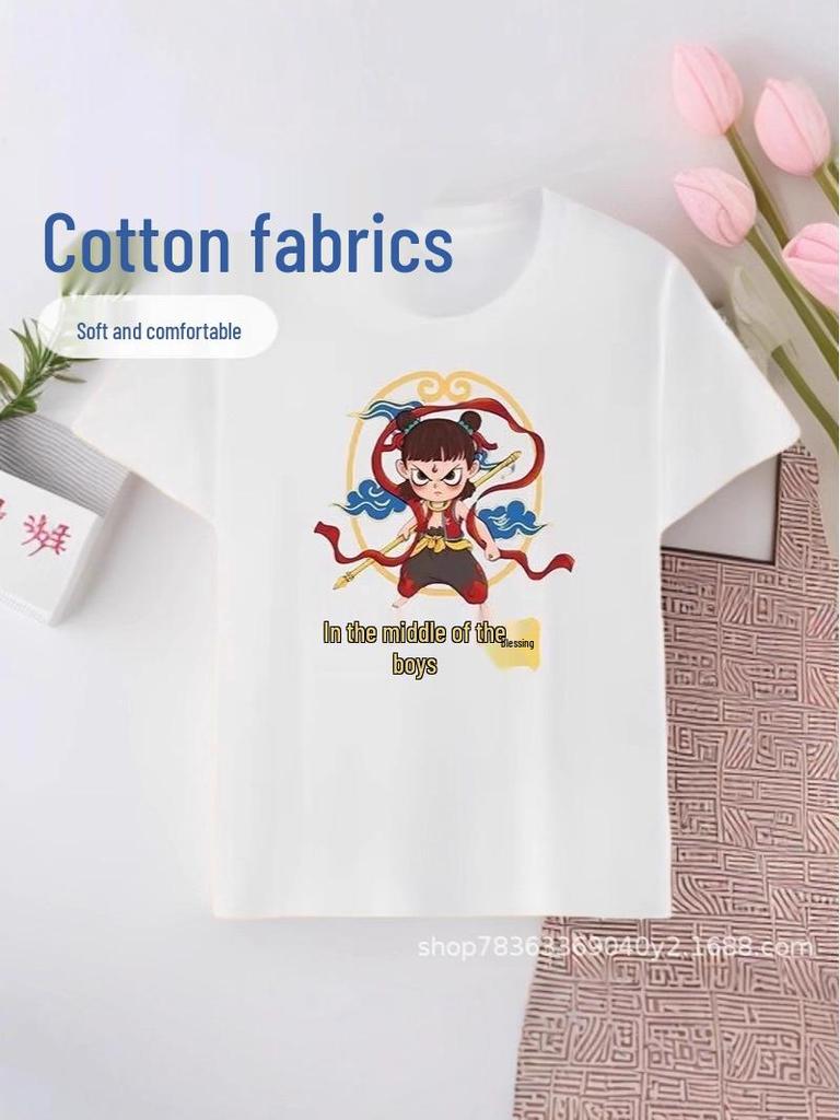 Si Tian Dou Nezha Pure Cotton Short Sleeve Kids' Chinese Style Cartoon Summer Outfit and School Uniform