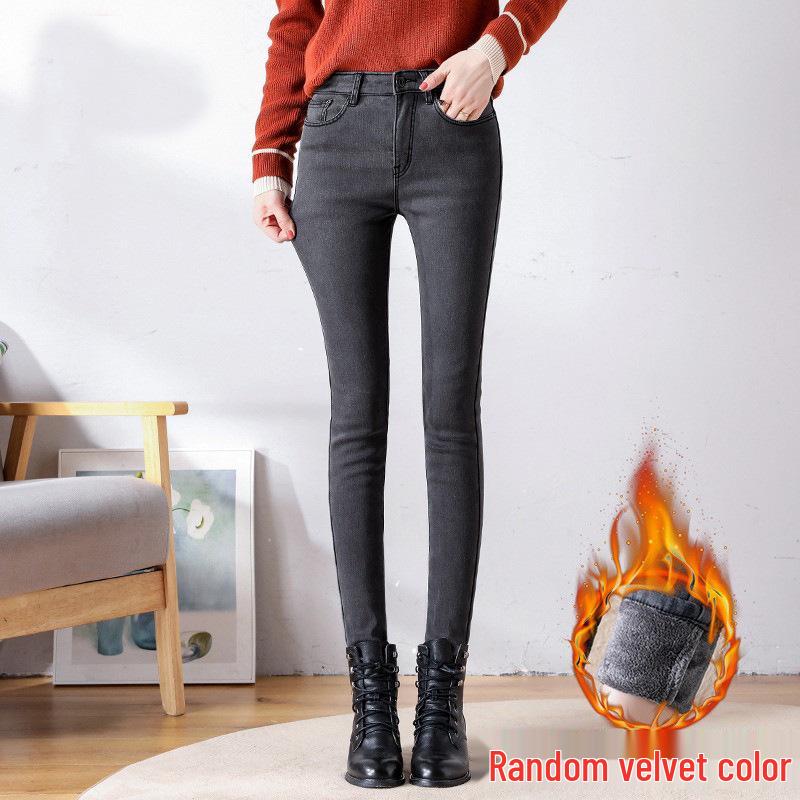 

Women s High Waist Plus Velvet Elastic Straight Leg Jeans - 2021 Autumn/Winter Style 26
