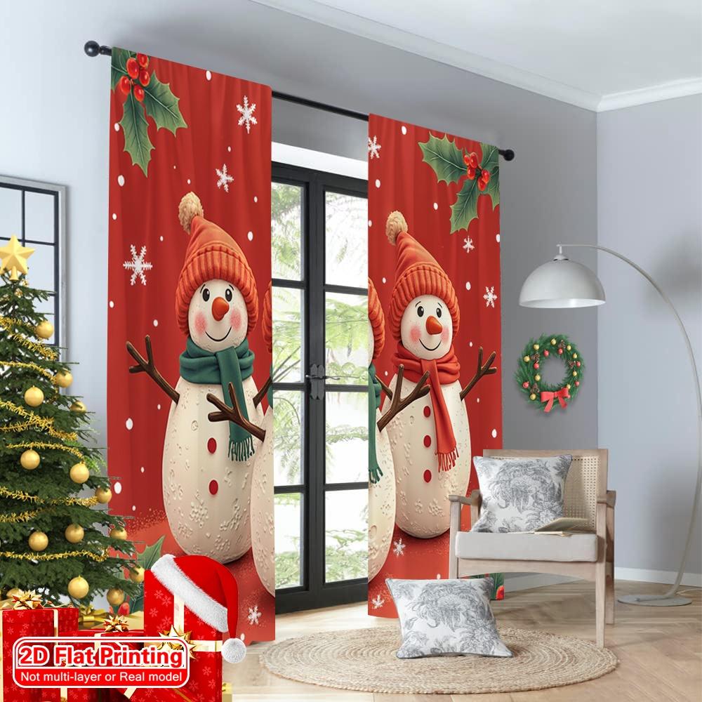 2pcs 2D Flat Printing Merry Christmas Window Curtains Christmas Snowman Holiday 100% Polyester Without Electricity Party