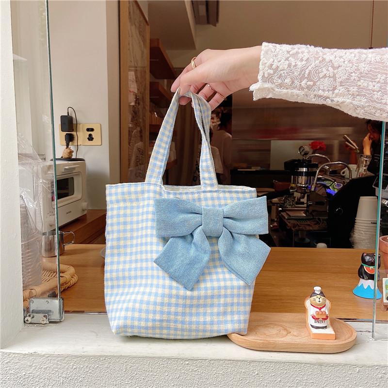 

Cute Fresh Plaid Bow Lunch Tote Bag Sweet Japanese Style For Girls And Students Light Blue One