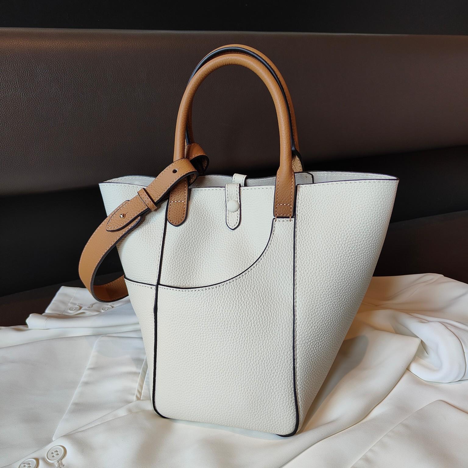 

Верхний слой коровьей кожи 2025 года, новая женская кожаная корзина для овощей большой емкости, женская сумка, универсальная ручная сумка-ведро через плечо 21x14x24cm белый