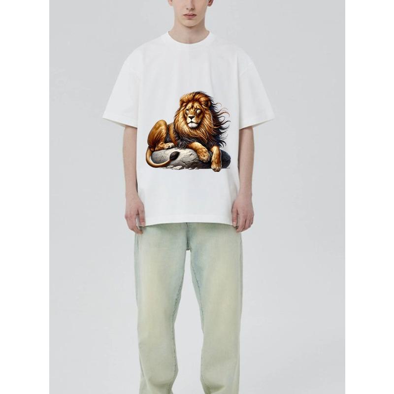 Lion Print T Shirt Black Majestic Lion Resting On Rock Graphic Design Casual Wear for Men and Women Streetwear Fashion Outfit Summer Top
