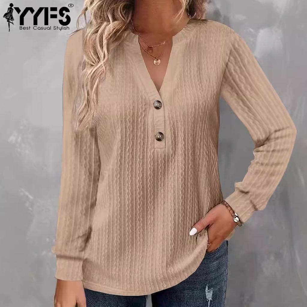YYFS Damenmode, lässig, Frühling und Herbst, einfarbig, langärmelig, V-Ausschnitt, Blusen und Hemden