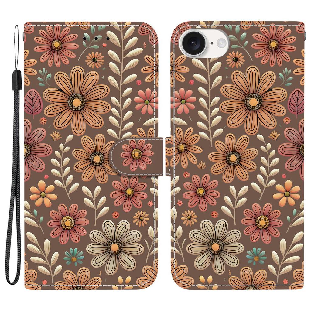 For iPhone 16e Wallet Case Pattern Printing Leather Stand Phone Cover with Strap